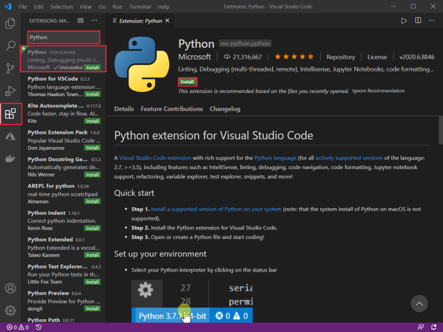 installing requests module in python visual studio code for the mac